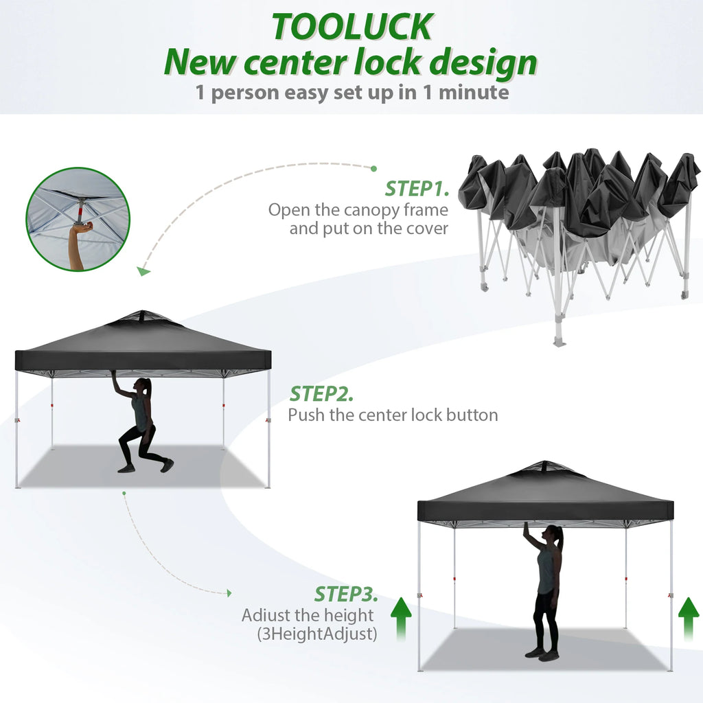 3x3m Gazebo Pop Up Canopy Tent Waterproof Foldable Gazebo Height Adjustable Party Tent For Beach Garden PartyCamping No Sidewall