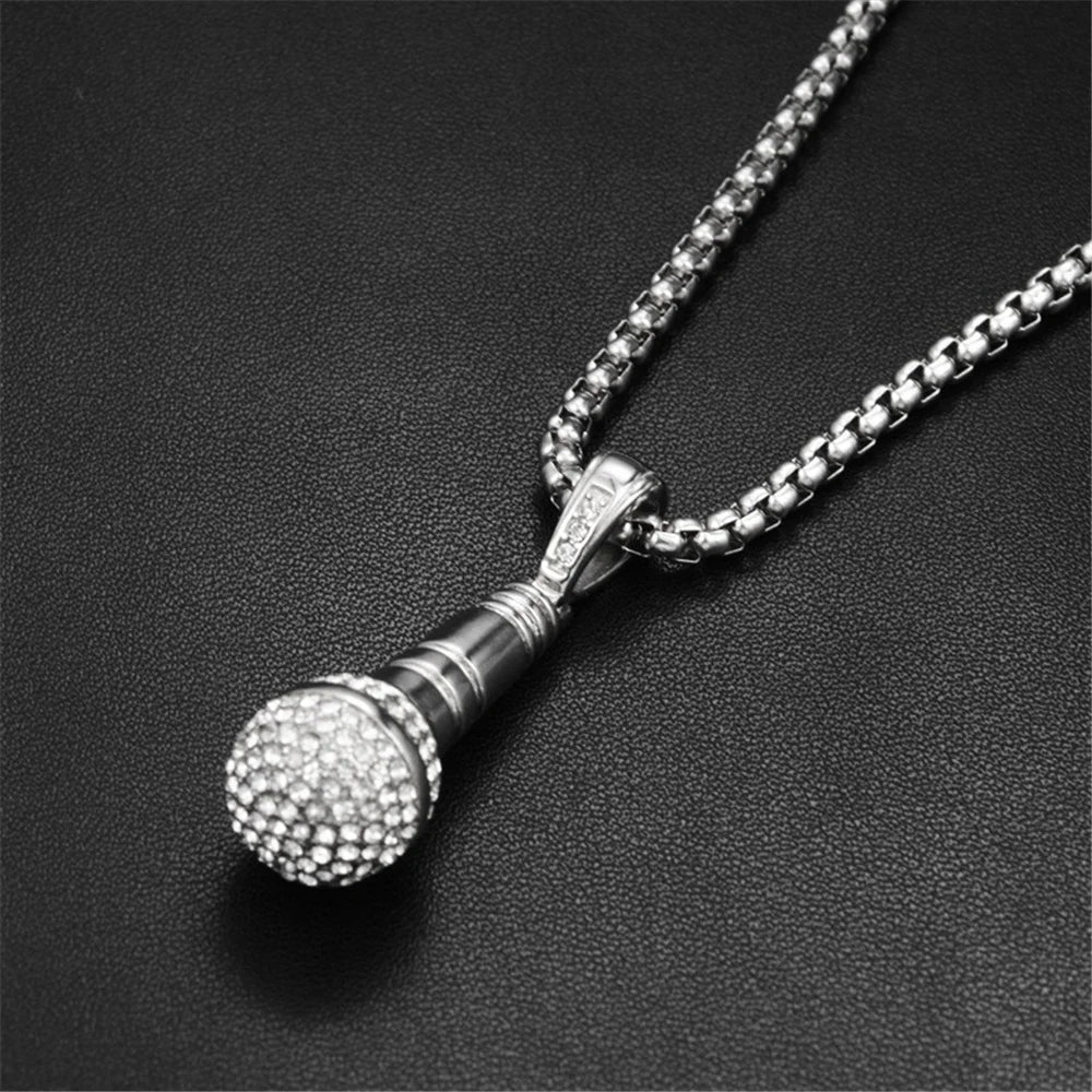 Hip Hop Iced Out Bling Microphone Pendant Gold Silver Color Stainless Steel Music Rapper Necklace for Men Women Jewelry Gift