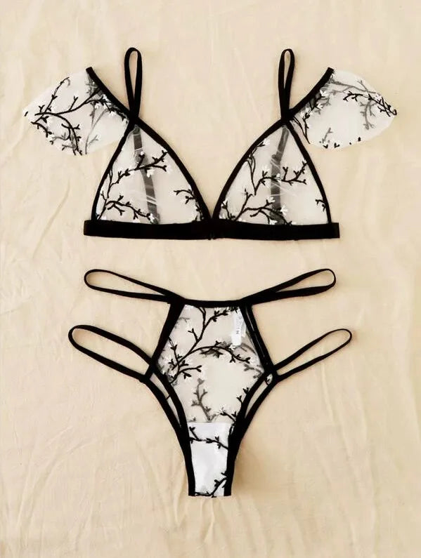 Sexy underwear women set Floral Embroidery Sheer Mesh Lingerie Set  no bra  Backless Bralette sexi Intimates lace bra set