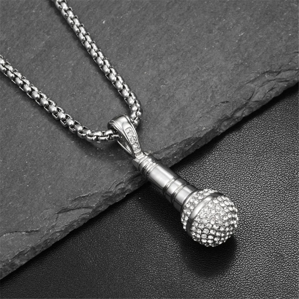 Hip Hop Iced Out Bling Microphone Pendant Gold Silver Color Stainless Steel Music Rapper Necklace for Men Women Jewelry Gift