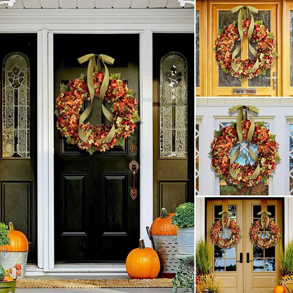 Thanksgiving Wreath Fall Hydrangea Bowknot Decoration Flower Garland Wreath Thanksgiving Front Door Home Decor