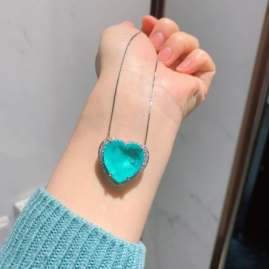 2023 Trend Heart Love Paraiba Tourmaline Cubic Zircon Crystal Pendant  Necklace Vintage Earring Wedding Jewelry Anniversary Gift