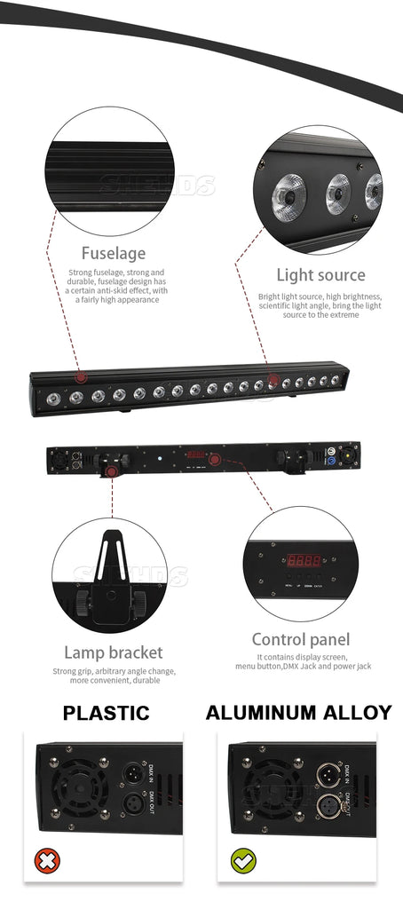 SHEHDS 2/4pcs LED Wall Wash Bar 18x18W RGBWA+UV 6in1 Lighting For Dj Disco Indoor Horse Race Lamp Christmas Decorations
