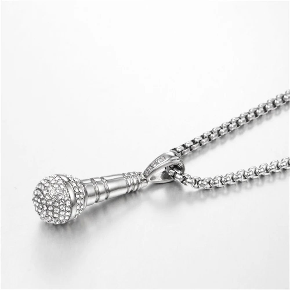 Hip Hop Iced Out Bling Microphone Pendant Gold Silver Color Stainless Steel Music Rapper Necklace for Men Women Jewelry Gift
