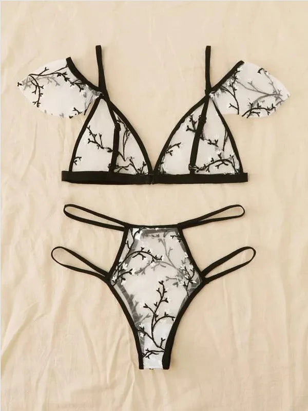 Sexy underwear women set Floral Embroidery Sheer Mesh Lingerie Set  no bra  Backless Bralette sexi Intimates lace bra set