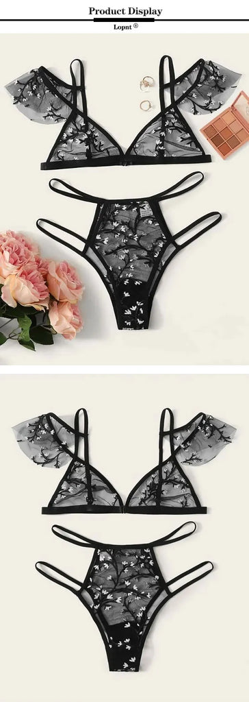 Sexy underwear women set Floral Embroidery Sheer Mesh Lingerie Set  no bra  Backless Bralette sexi Intimates lace bra set