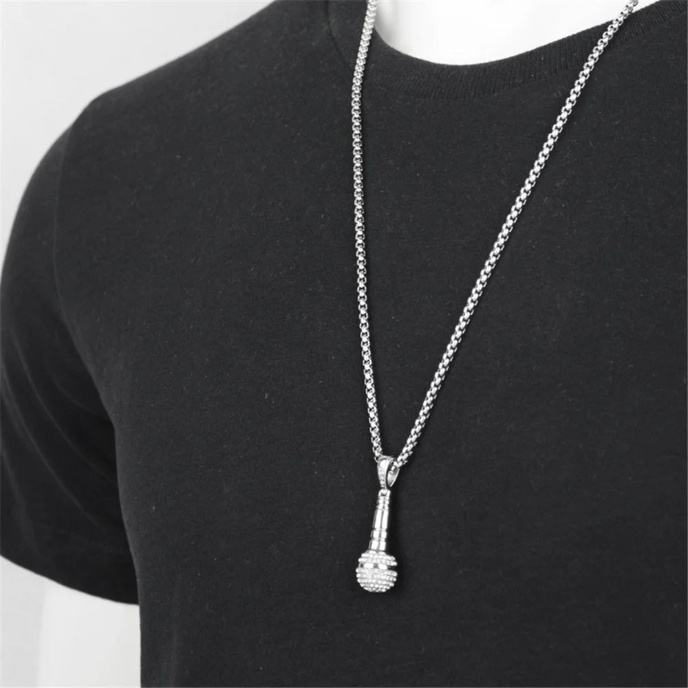 Hip Hop Iced Out Bling Microphone Pendant Gold Silver Color Stainless Steel Music Rapper Necklace for Men Women Jewelry Gift