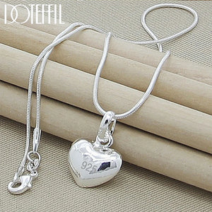 DOTEFFIL Silver Color Solid Small Heart Pendant Necklace 16-30 Inch Snake Chain For Women Wedding Charm Fashion Jewelry