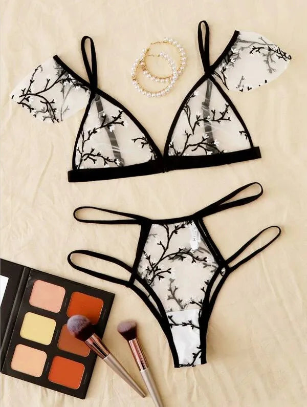 Sexy underwear women set Floral Embroidery Sheer Mesh Lingerie Set  no bra  Backless Bralette sexi Intimates lace bra set