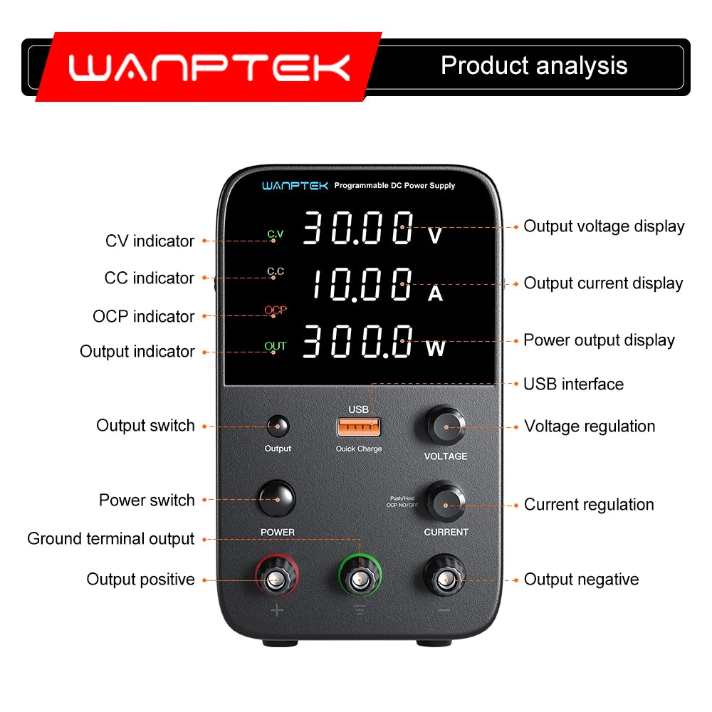 Wanptek Adjustable DC Power Supply 30V 10A 60V 5A Lab Bench Power Source Stabilized Power Supply Voltage Regulator Switch 120V