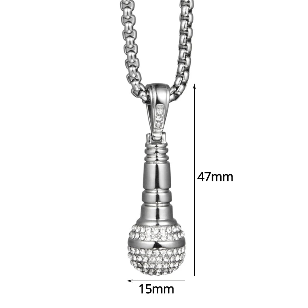 Hip Hop Iced Out Bling Microphone Pendant Gold Silver Color Stainless Steel Music Rapper Necklace for Men Women Jewelry Gift