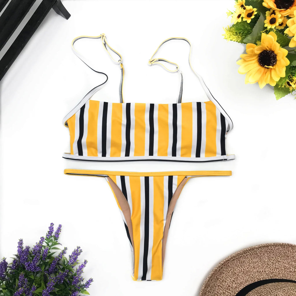 Sexy Stripe Print Swimsuit for Women Solid Tube Top Bathing Suit High Cut Bikini Set Backless Beachwear Brazilian Swimwear Summe