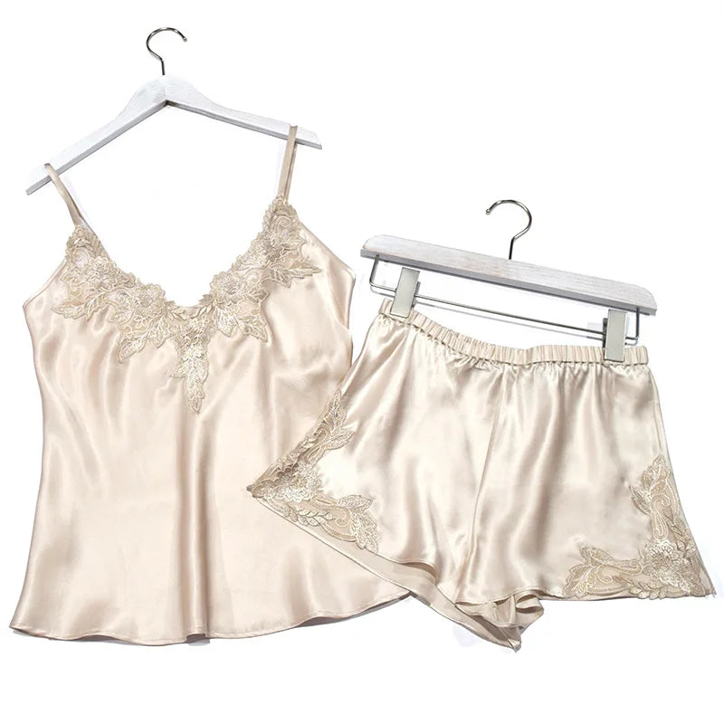 Summer  silk pajamas women's Sleepwear Nighty Panty Silk Nighty lace large home clothes 4XL Camisole shorts two-piece sexy