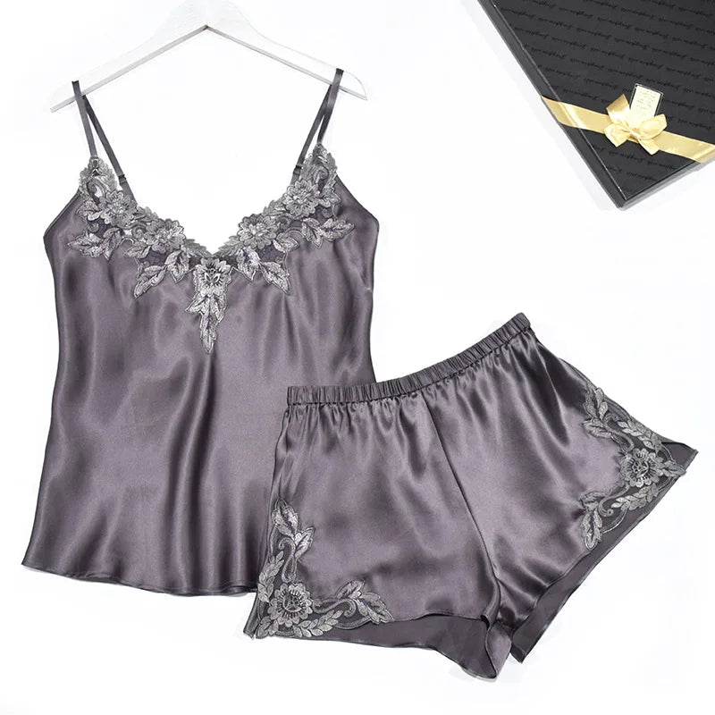 Summer  silk pajamas women's Sleepwear Nighty Panty Silk Nighty lace large home clothes 4XL Camisole shorts two-piece sexy