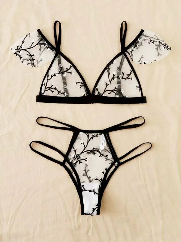 Sexy underwear women set Floral Embroidery Sheer Mesh Lingerie Set  no bra  Backless Bralette sexi Intimates lace bra set