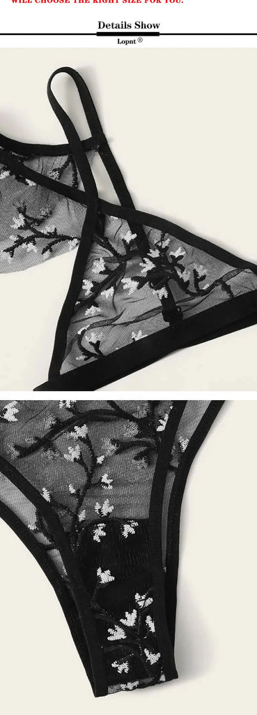 Sexy underwear women set Floral Embroidery Sheer Mesh Lingerie Set  no bra  Backless Bralette sexi Intimates lace bra set