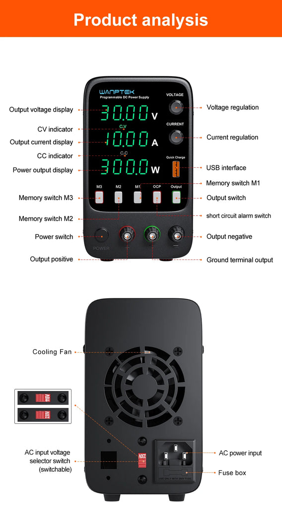 Wanptek Adjustable DC Power Supply 30V 10A 60V 5A Lab Bench Power Source Stabilized Power Supply Voltage Regulator Switch 120V