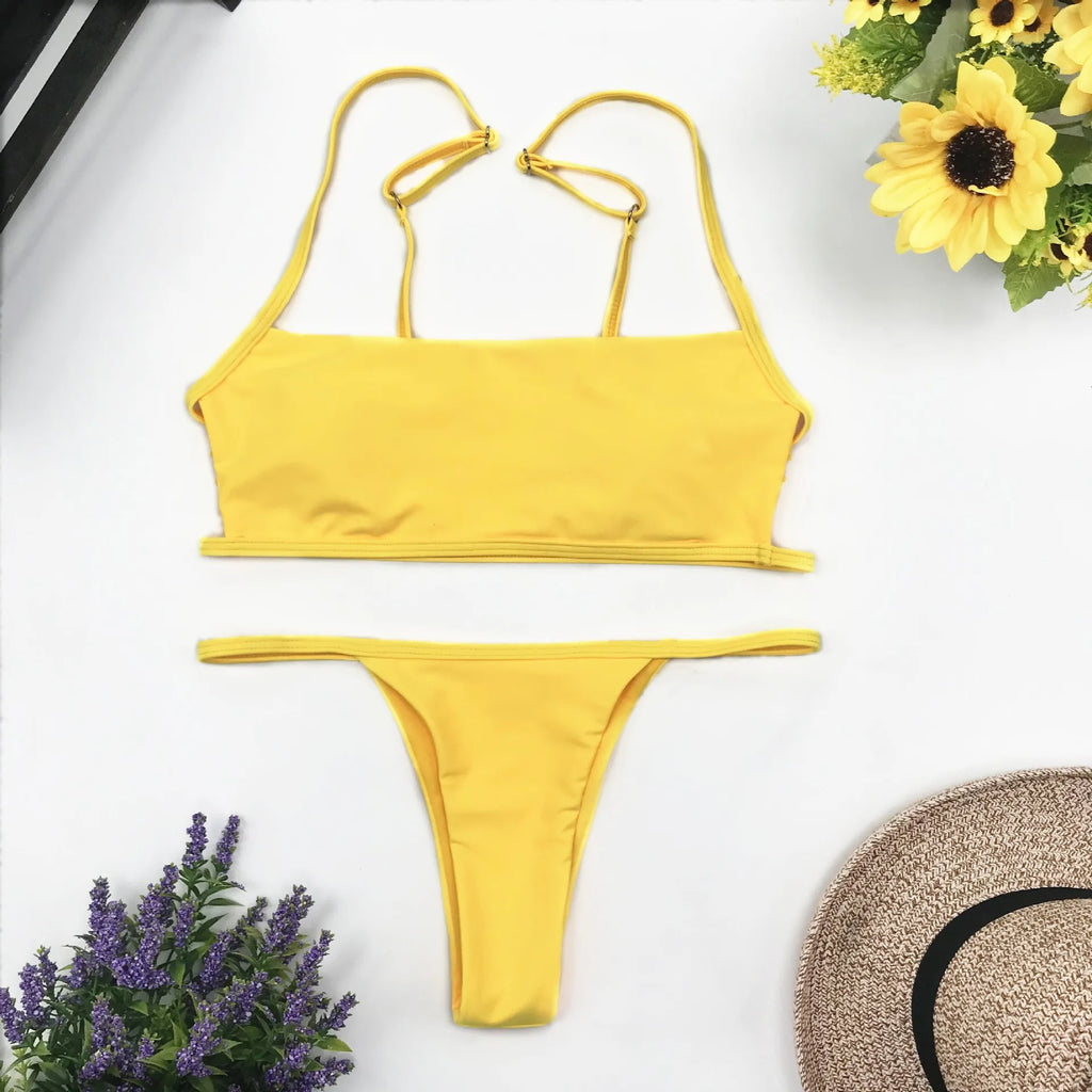 Sexy Stripe Print Swimsuit for Women Solid Tube Top Bathing Suit High Cut Bikini Set Backless Beachwear Brazilian Swimwear Summe