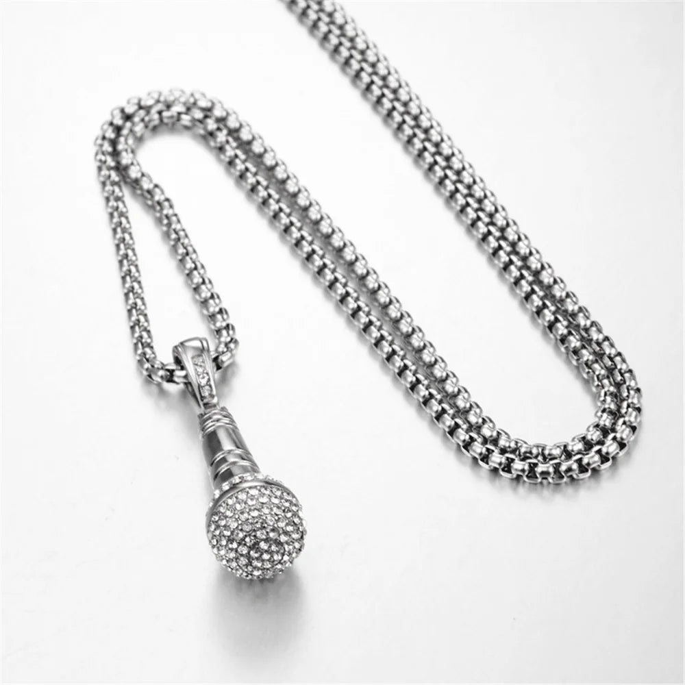 Hip Hop Iced Out Bling Microphone Pendant Gold Silver Color Stainless Steel Music Rapper Necklace for Men Women Jewelry Gift