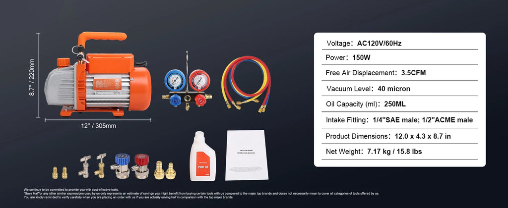SucceBuy 3.5CFM 4CFM Single Stage Rotary Vane HVAC Air AC Vacuum Pump & A/C Refrigerant Kit Manifold Gauge Set Air Conditioning