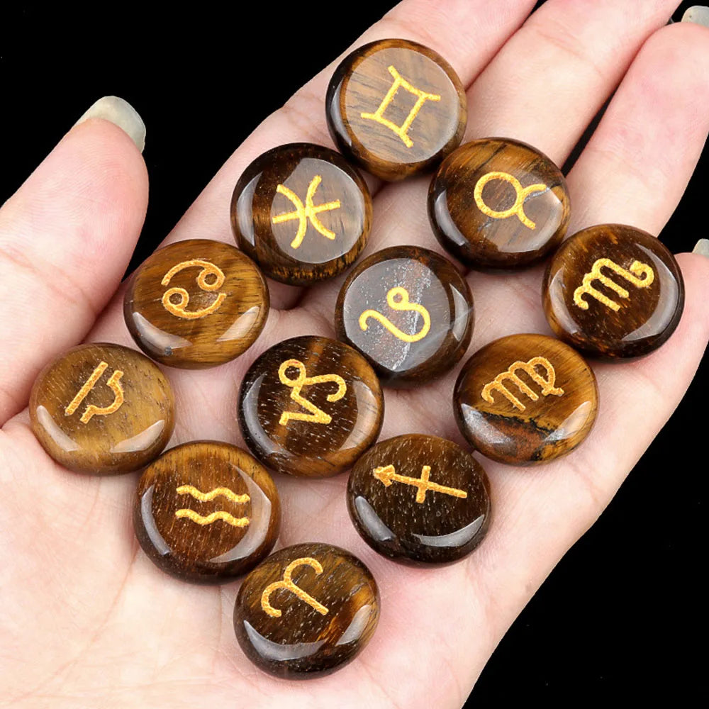 12pcs 18mm Round Zodiac Ornament Natural Stone Crystal Agate 12 Zodiac Sign Rune Reiki Stone Jewelry Accessories Christmas Gift