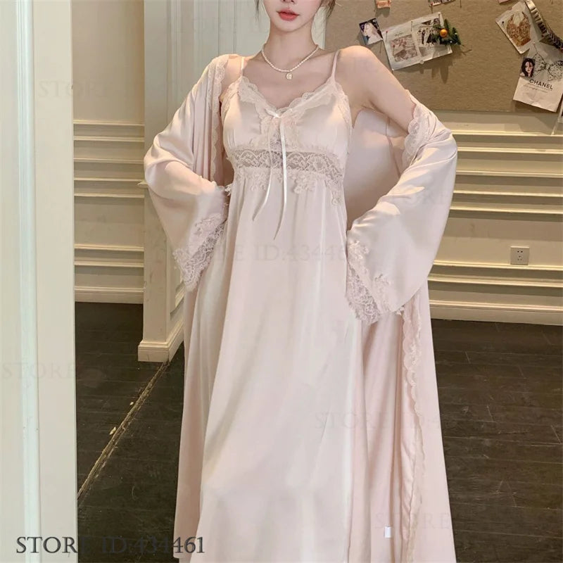 Women Long Twinset Robe Set Sexy Lace Trim Wedding Bathrobe Kimono Gown Sleepwear Elegant Ice Silk Nightgown Loungewear Homewear