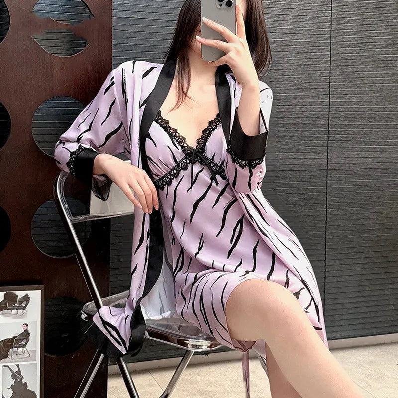 Female Nighty&Robe Set Sleepwear Summer Bathrobe Nightgown Sexy Lace Suspender Nightdress Home Dressing Gown Rayon Nightwear