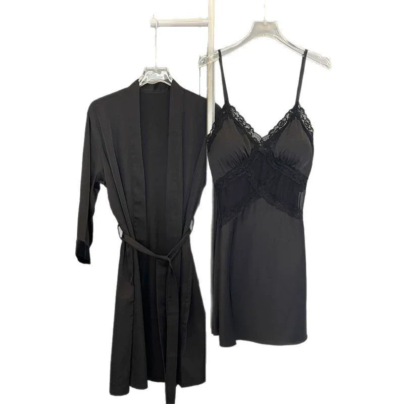 Sexy Female Nighty&Robe Set Lingerie Spring Summer Bathrobe Nightgown Two Piece Set Loose Silk Satin Home Dress Lounge Wear
