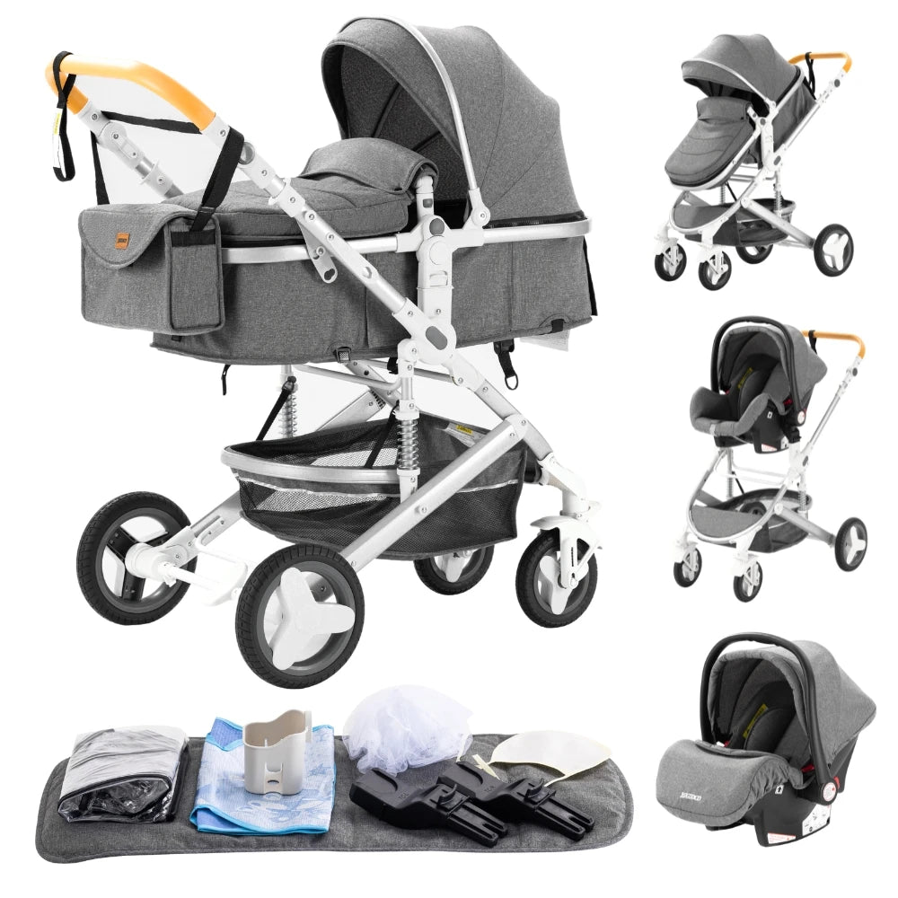 Luxurious 3 in 1 Baby Stroller Portable Travel Baby Carriage Folding Prams Aluminum Frame High Landscape Car for Newborn Baby BLACK