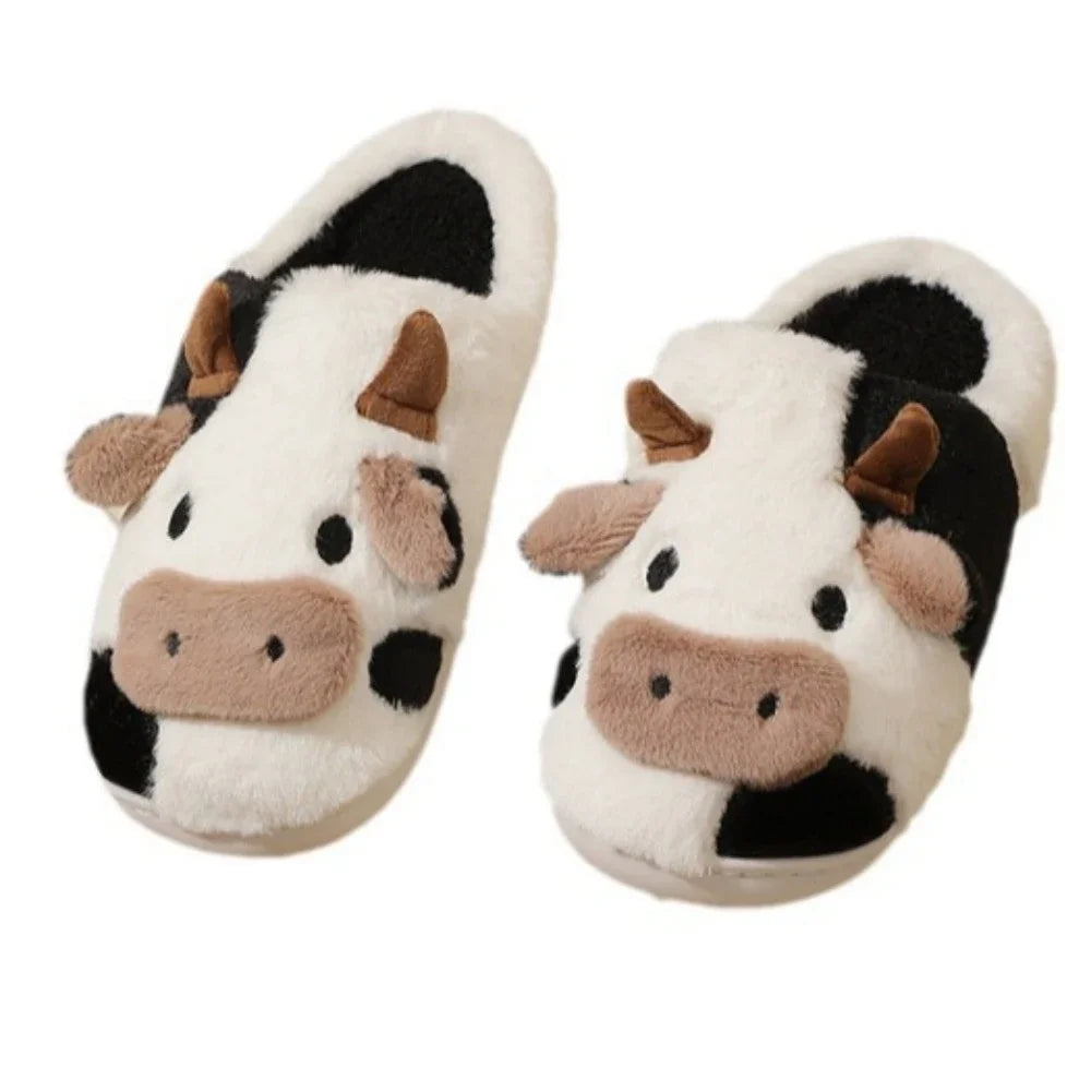 Winter Home Slippers for Couples Warm Plush Neutral Cartoon Cow Indoor Anti Slip Comfortable Cotton Slippers for Men and Women