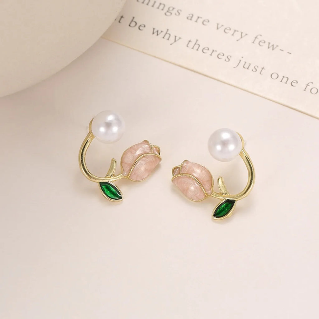 2pc French Tulip Flower Stud Earrings Light Luxury Imitation Pearl Earrings Women's Fashion Summer Female Ear Jewelry Party Gift