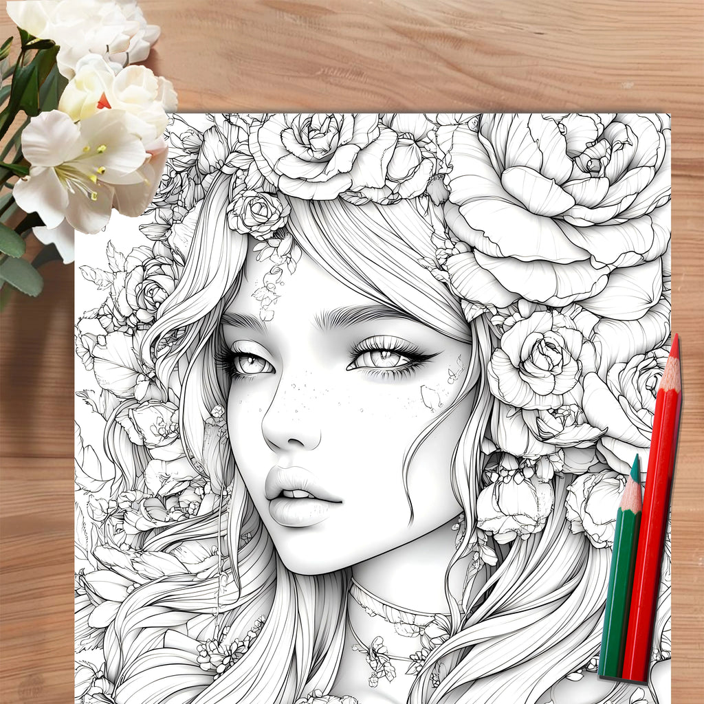 Adult Picture Book: Beautiful Women in Bloom for Makeup Practice with Detailed Portraits and Coloring Pencil Techniques