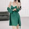 Sexy Female Nighty&Robe Set Intimate Lingerie Spring Summer Kimono Bathrobe Gown Sleepwear Two Piece Set Loose Satin Home Dress