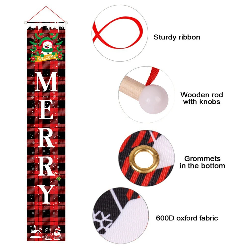 Christmas Decorations Outdoor Yard Front Porch Sign Set Red Black Buffalo Plaid Door Banner Hanging Merry Christmas Decorations