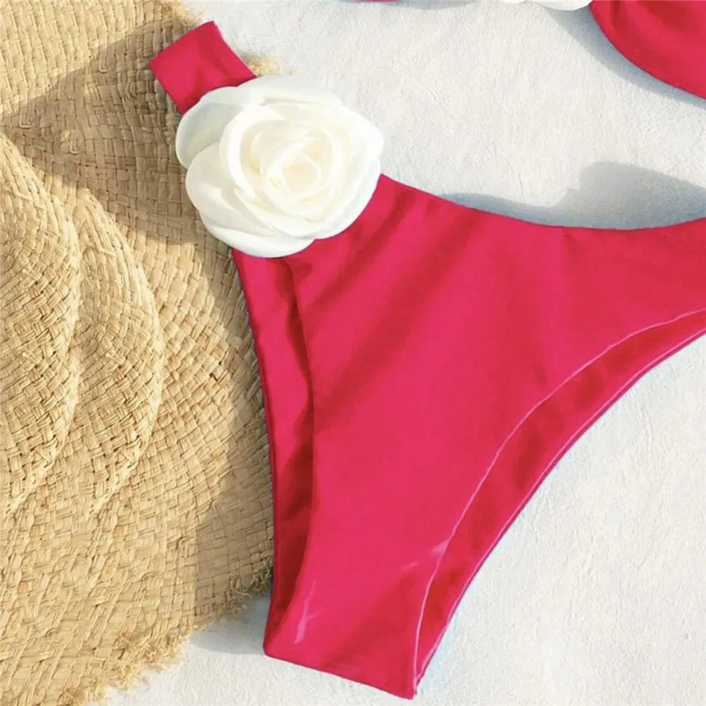 Sexy Flower Bandeau Swimwear Thong Bikini 2025 Women Lace-up Swimsuit Swimming Bathing Suit Brazilian Bikinis Sets Mujer Biquini