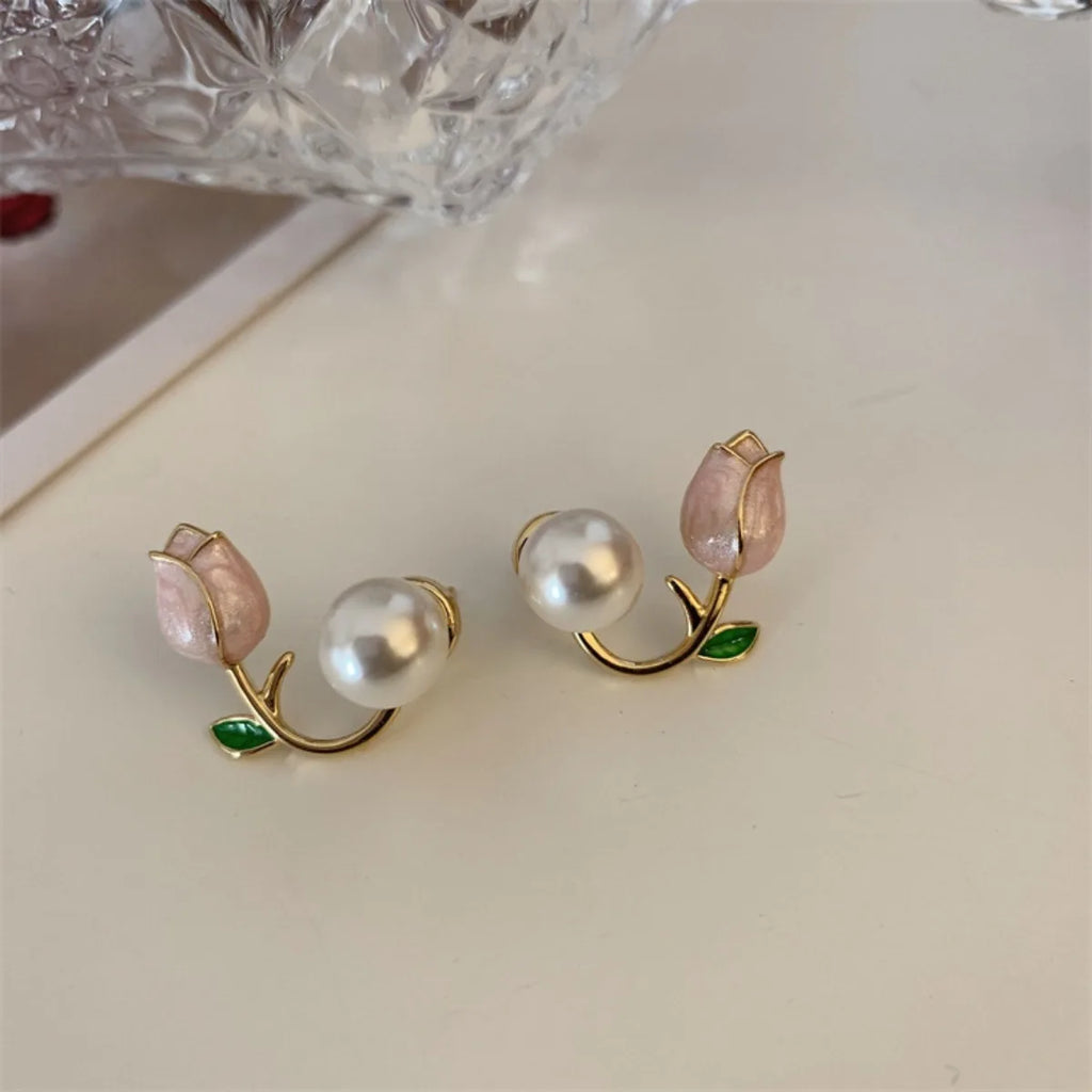 2pc French Tulip Flower Stud Earrings Light Luxury Imitation Pearl Earrings Women's Fashion Summer Female Ear Jewelry Party Gift