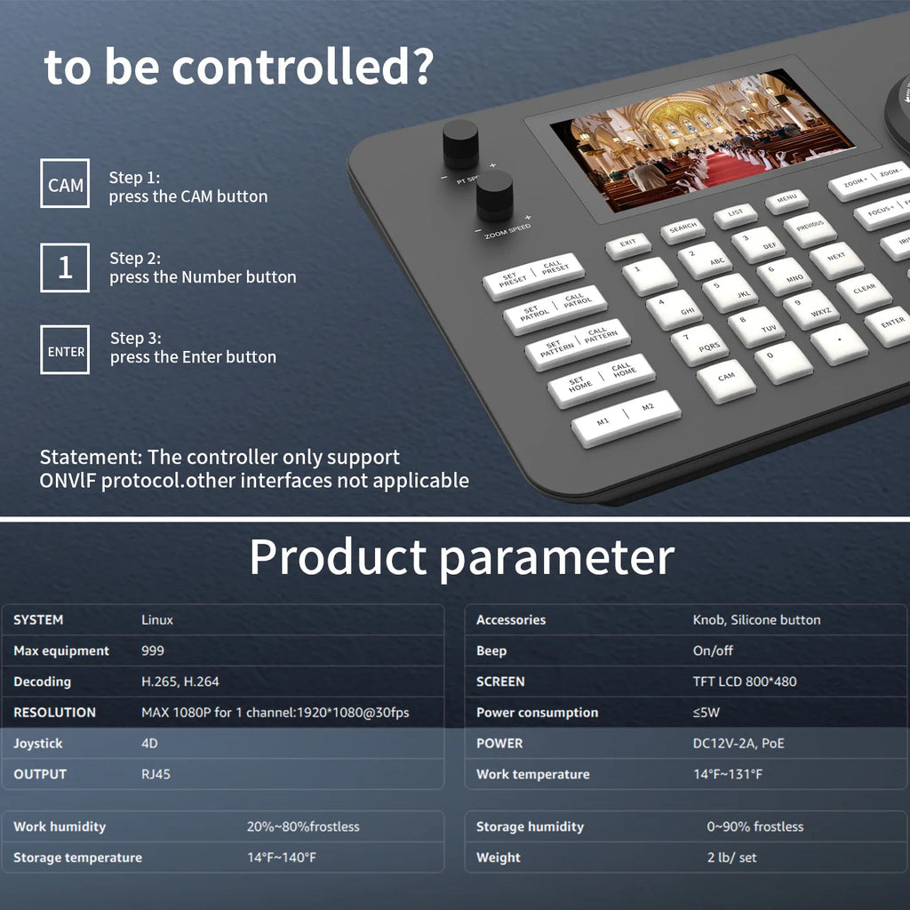 PTZ Controller 5 Inch LCD Screen Decoding H.264 and H.265 Network Support POE Support ON VIF 4D Joystick Decoding Keyboard