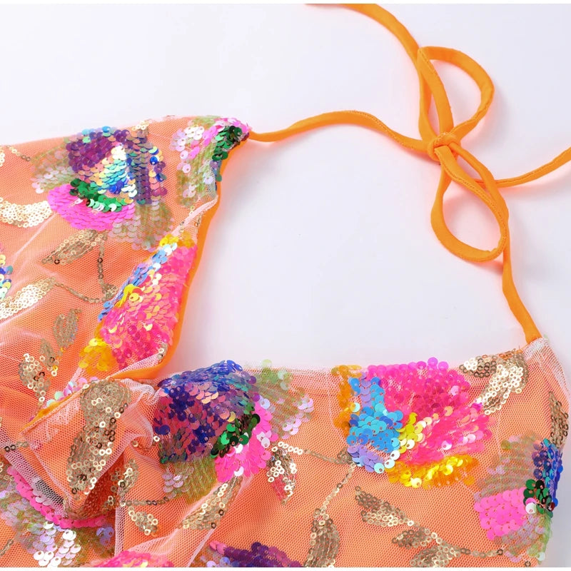 Sexy Sequined Halter Skirt Set Women Sleeveless Lace Up Tops Hip Package A-line Skirts 2025 Summer Lady Chic Party Beach Outfits