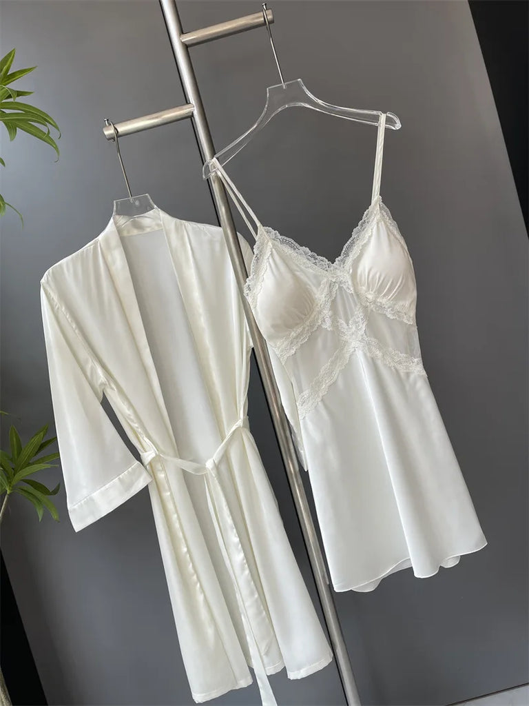 Sexy Female Nighty&Robe Set Lingerie Spring Summer Bathrobe Nightgown Two Piece Set Loose Silk Satin Home Dress Lounge Wear
