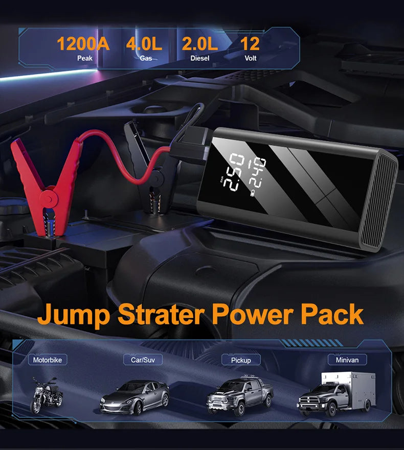 2 in 1 Car Jump Starter with Air Compressor Car Battery Emergency Boosters 1200A 12V Power Bank Portable Starting Device