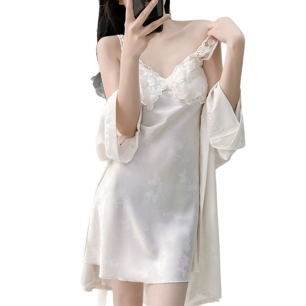Sexy Lace Wedding Nighty&Robe Set Dress New Women Nightwear Suspender Nightgown Chemise Sleepwear Lingerie Silk Satin Home Wear