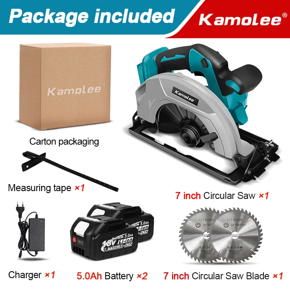 Kamolee 7 inch 21V 6.0Ah 6000mAh Electric Circular Saw  for Home DIY Apply to 18V 21V Battery