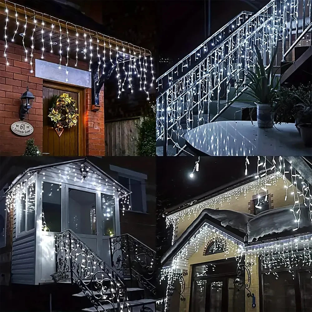 NEW 2024 Christmas Decorations Lights Solar Icicle Curtain Lights 8 Modes Outdoor Waterproof Garden Party New Year Decoration