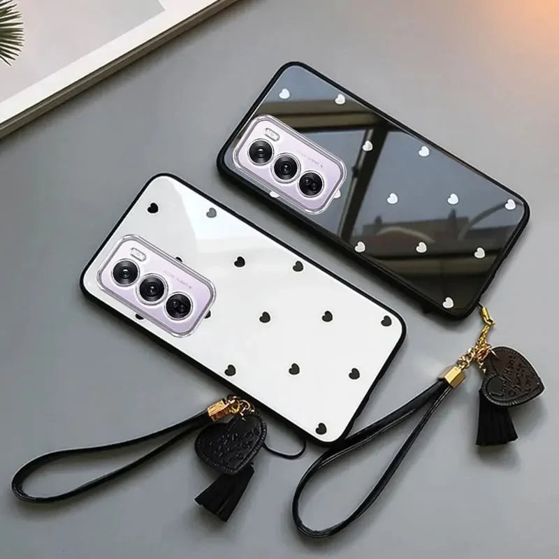 For Oppo A80 5G A40 4G A40M Case Small Love Heart Hard Glass Cover for OPPO A60 A3X A3 Pro Schockproof Tassel Wrist Phone Case
