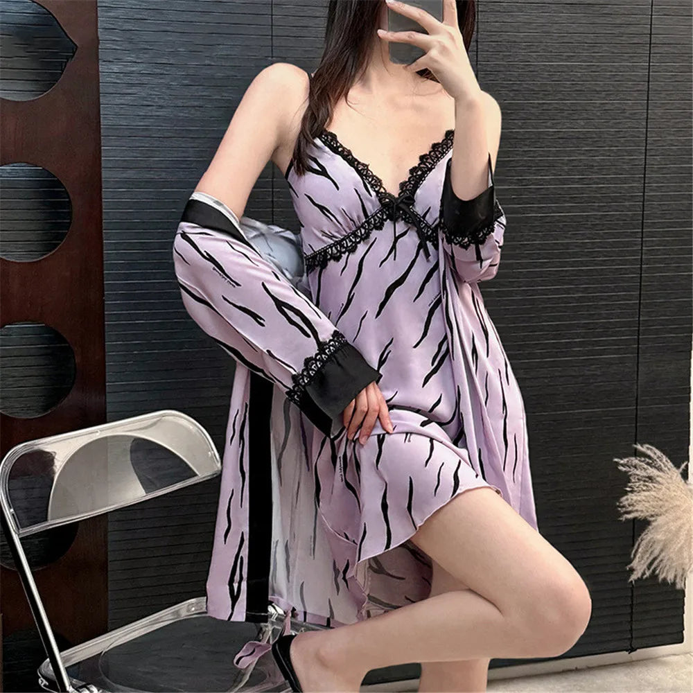 Female Nighty&Robe Set Sleepwear Summer Bathrobe Nightgown Sexy Lace Suspender Nightdress Home Dressing Gown Rayon Nightwear