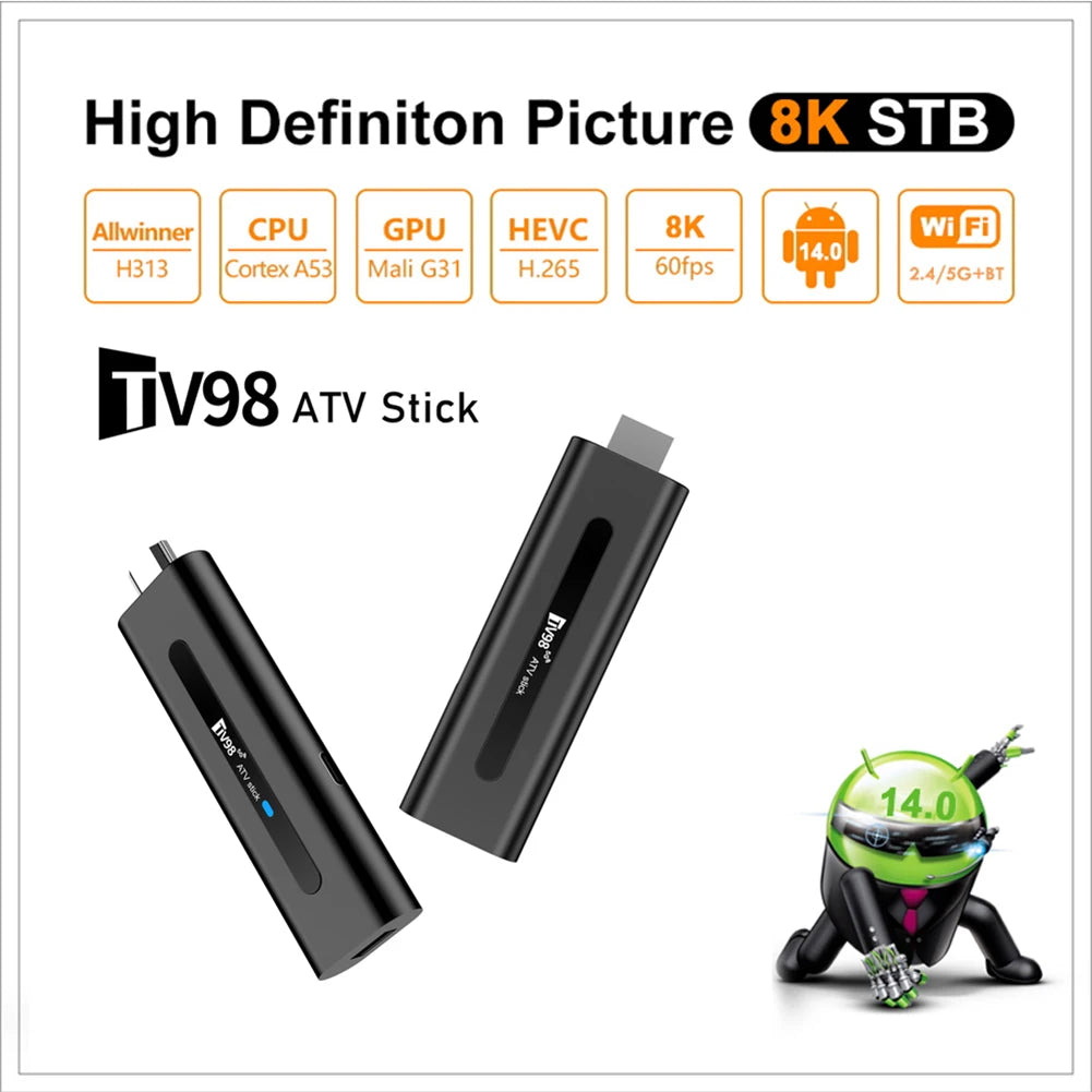 TV98 Android 14.0 TV Stick ATV Smart TV Box 8K 2.4G 5G WiFi Quad Core BT5.0 Android TV Stick 14.0 Smart TV Stick Allwinner H313