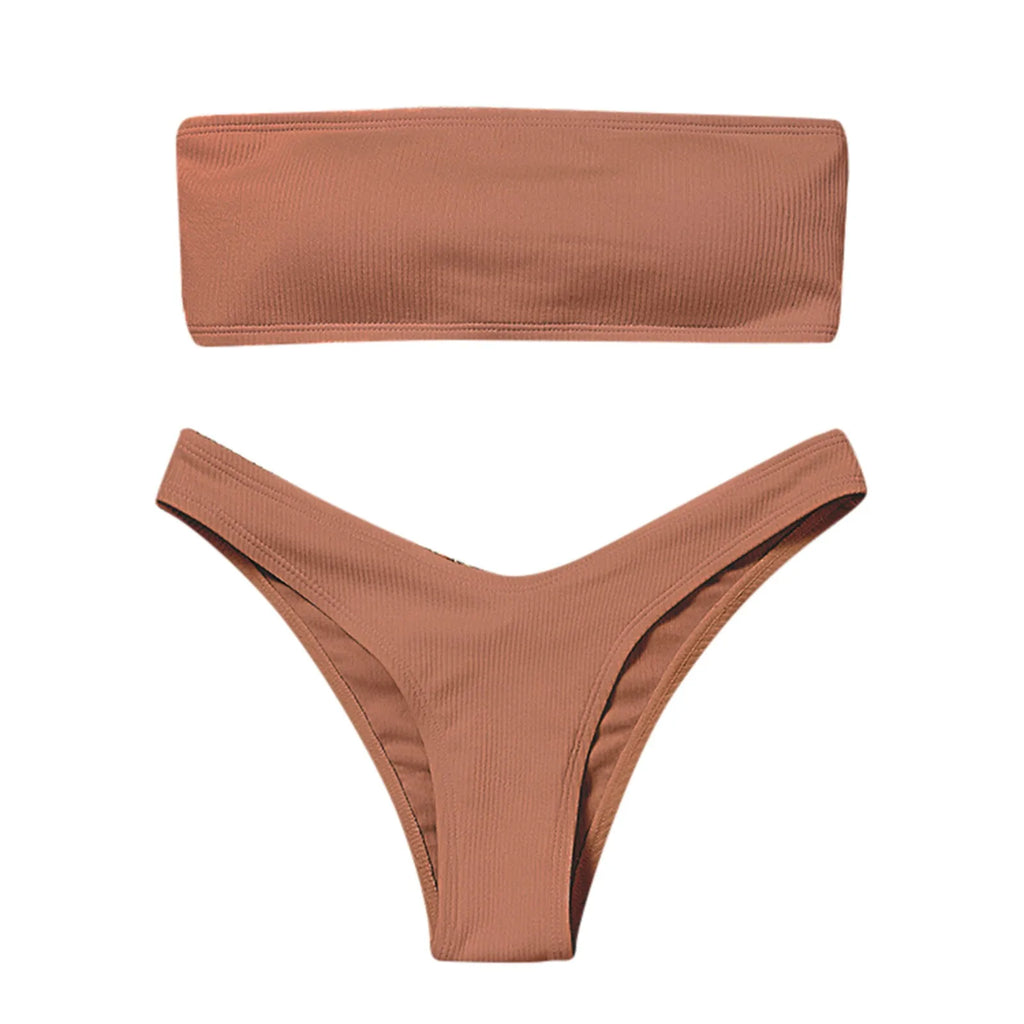 Sexy Textured Bikini 2024 Bandeau Swimsuit Women Swimwear Push Up Bikini Set Solid Bathing Suit Beach Wear Biquini Female