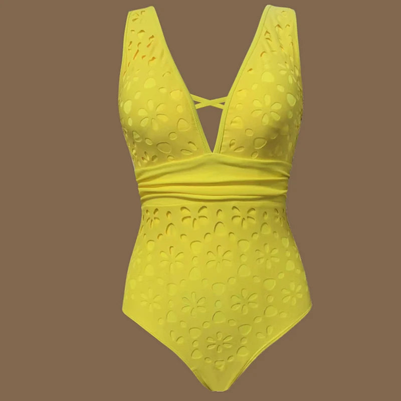 Women Bikini Set Swimsuit Sexy V Neck Solid Color Laser Cutting Flower Swimsuit Beachwear Luxury Summer Beachwear Dress