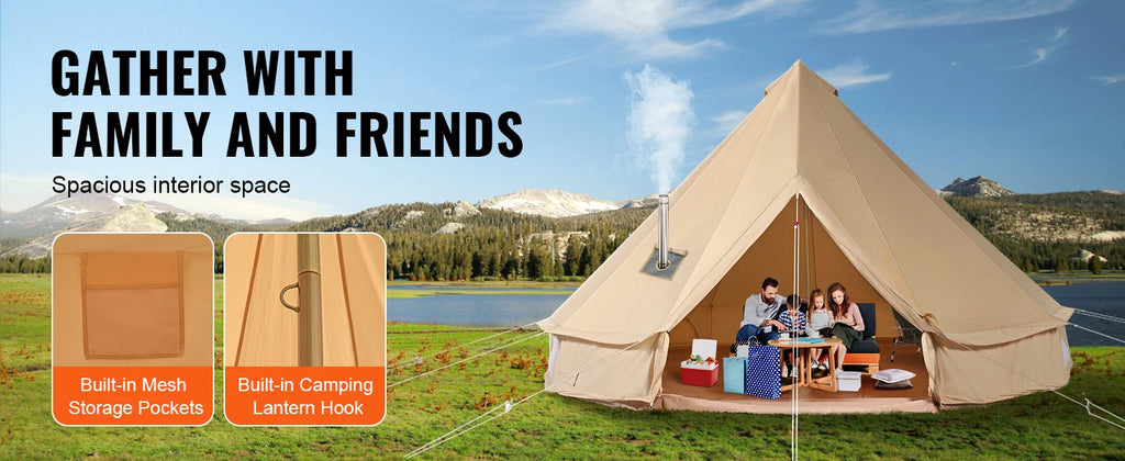 SucceBuy Canvas Bell Tent 4 Seasons 4 m/13.12 ft Yurt Tent Canvas Tent for Camping with Stove Jack Breathable Tent Holds 6People