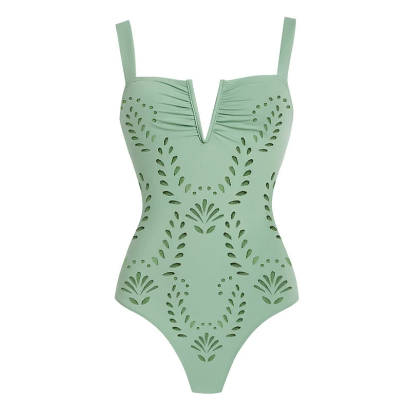 Women Bikini Set Swimsuit Sexy V Neck Solid Color Laser Cutting Flower Swimsuit Beachwear Luxury Summer Beachwear Dress